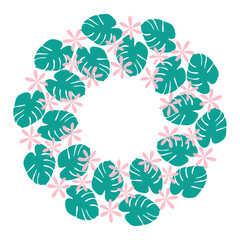 Abstract flowers and Monstera leaves Summertime Circular frame border. Tropical Copy space Template