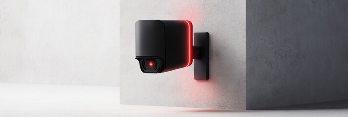 Modern security camera with red led mounted on concrete wall