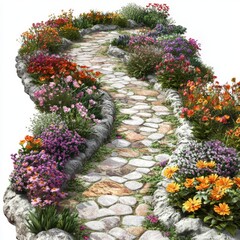 Naklejka premium Lush Garden Pathway Surrounded by Vibrant Colorful Flowers and Greenery in a Serene Natural Setting