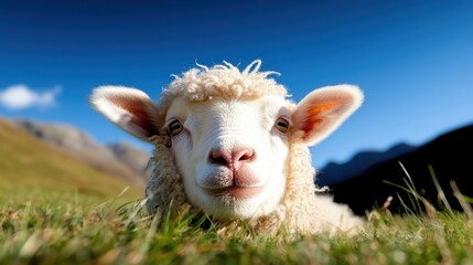 Obraz premium Fluffy white sheep basking in the sunny grasslands of the UK