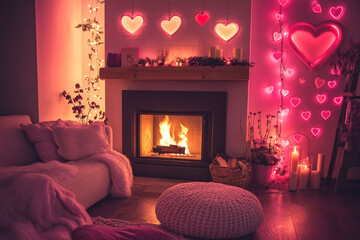 Photo of a cozy living room with a lit fireplace, neon heart lights, and pink decor, creating a romantic and warm atmosphere for Valentine’s Day celebration