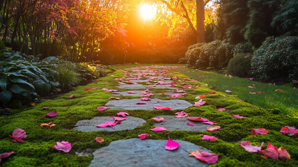 夕日に照らされる苔むした庭園と紅葉が散った石畳の小道