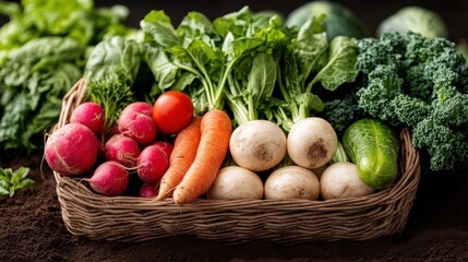 Fototapeta premium Freshly harvested vegetables in a rustic wicker basket from the farm