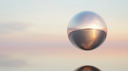 Glass Orb Reflection of Sunset Over Lake with Calm Sky, Abstract Art.