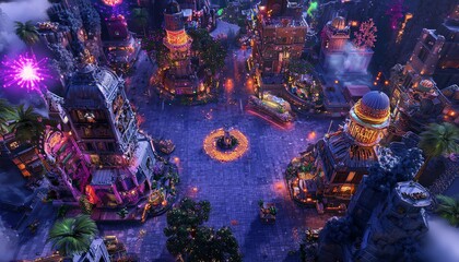 Obraz premium Aerial view of a vibrant, fantastical city at night. Illuminated buildings, waterways, and fireworks create a magical scene. Perfect for fantasy, adventure, or game design.