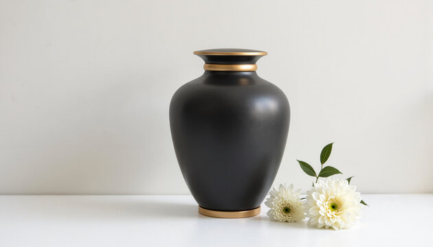 Elegant black urn with white flowers on a minimal background