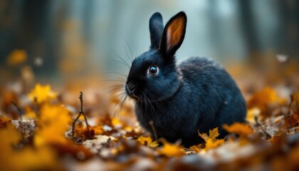 Fototapeta premium A Midnight Black Rabbit Amidst a Golden Autumn Landscape With a Hazy Background