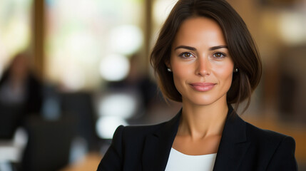 Fototapeta premium Professional businesswoman smiling confidently, wearing tailored suit in sleek contemporary workspace, representing corporate achievement