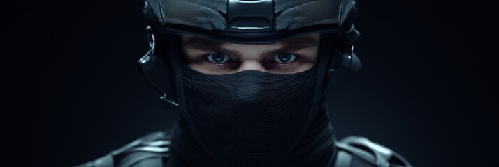 Intense gaze of male soldier in tactical gear