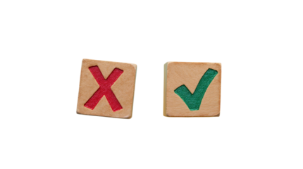 Wooden Blocks With True and False Symbols Checkmark and Cross Icon Isolated on a Transparent Background (PNG).