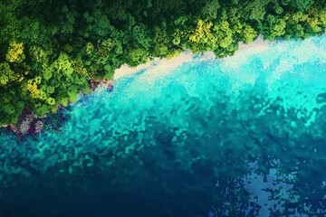 Aerial view of a pristine tropical coastline. Lush green foliage meets turquoise ocean waters. Perfect for travel, nature, and environmental themes.