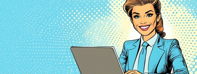 A smiling businesswoman sitting at her desk with a laptop, in a comic style