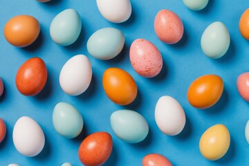 Colored eggs sit on blue surface