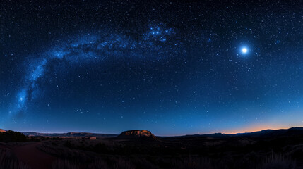 Panoramic night sky with Milky Way and bright star over scenic landscape