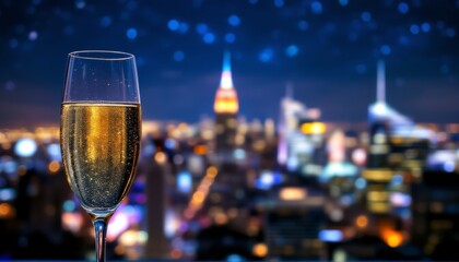 A sparkling toast to a glittering city skyline beneath a starlit New York night