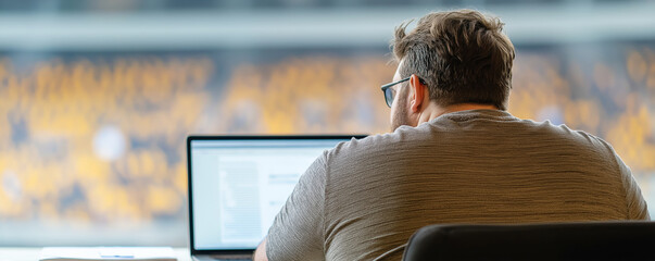 Sports journalist working on laptop in press box, writing report during live basketball game, focusing on real-time coverage and news reporting