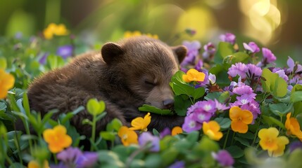 Fototapeta premium The adorable tiny bear curled up in a flowerbed and the idea that springtime is nearing
