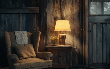 Rustic Cabin Interior with Cozy Armchair and Warm Lamp Light.