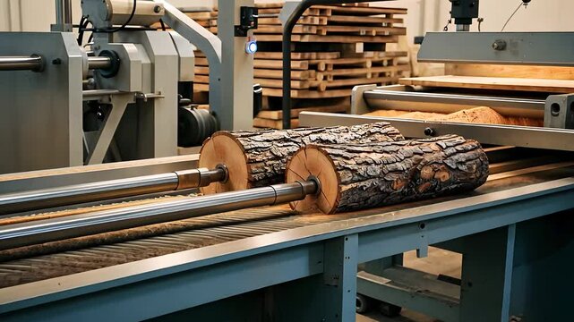 Industrial Wood Processing Machine Cutting Logs into Lumber in a Modern Timber Mill


