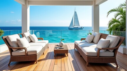 Luxurious Deck With Wicker Furniture Overlooking Serene Ocean and Sailboat