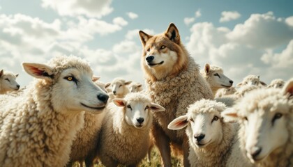 Obraz premium A Wolf in Sheep,s Clothing, Deception and Disguise Among a Fluffy Flock Under a Cloudy Sky