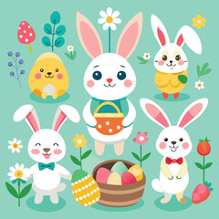 Fototapeta premium easter set of cute cartoon animals, vector illustration