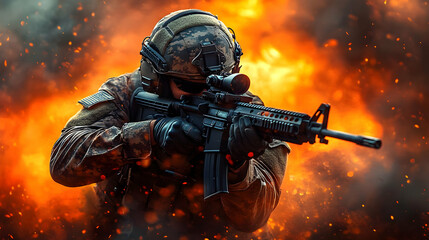 Fototapeta premium Combat Firefight: Armed Soldier Aims in Explosion
