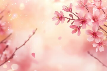 Delicate Pink Cherry Blossom Branches with Bokeh Lights and Falling Petals on Soft Pastel Background.