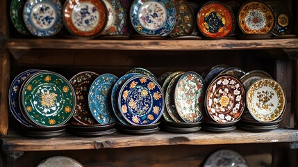 Charming Collection of Cloisonne Plates Showcasing Vivid Colors and Detailed Craftsmanship on Rustic Wooden Shelf