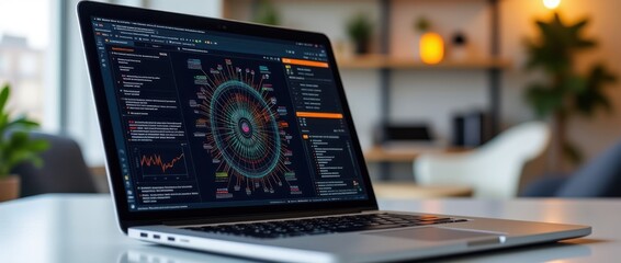 Stylish Minimalist Office With Laptop Displaying Detailed Data Visualization