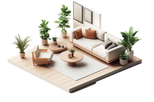 Modern Minimalist Living Room Interior with Houseplants and Comfortable Furniture