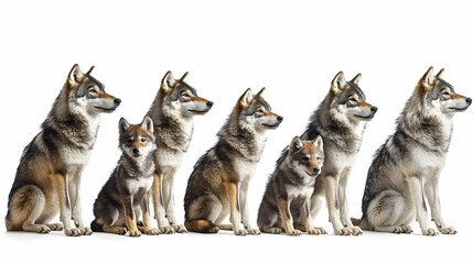 Wolf Pack: Adults and Pups on White