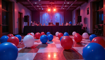 Festive party room decorated with red, white, and blue balloons and lively atmosphere