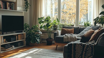 A cozy living room featuring a comfortable sofa, TV, window, and plants. 