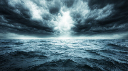 Threatening storm clouds looming above turbulent waters, sunlight piercing through dramatic seascape, revealing intense maritime tension