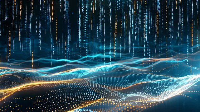 Digital landscape with orange and blue light particles depicting data rain