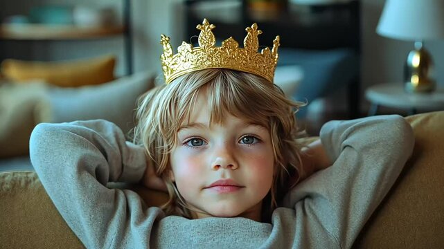 A spoiled child wearing a golden crown sitting smugly on a luxurious couch in a bright room.