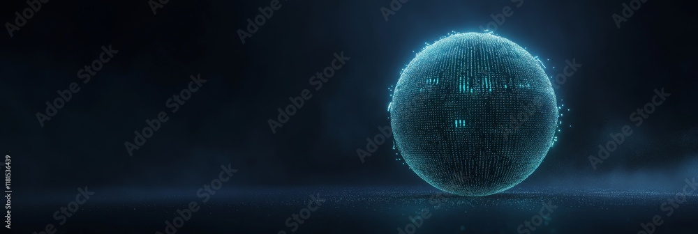 Aufkleber futuristic glowing digital sphere with particle matrix on dark background