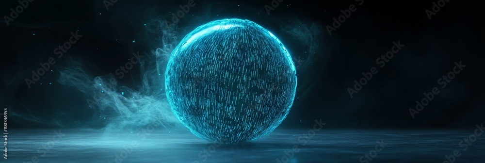 Aufkleber futuristic glowing digital sphere with binary code in dark misty environment