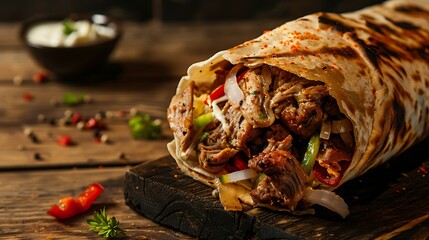 The durum doner kebabs chicken the word shawarma copy space