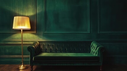 Moody Emerald Green Interior with Velvet Couch and Illuminated Floor Lamp.