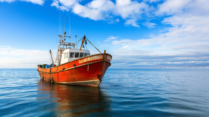 Fototapeta premium Old red fishing trawler floating on calm ocean water with distant mountains and another boat on the horizon under a beautiful blue sky with some clouds
