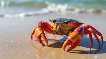 Colorful Crab Explores Wet Sand at the Edge of the Sea During Low Tide