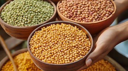 Obraz premium Legumes, a set consisting of different types of beans, lentils and peas on a black background, top view. The concept of healthy and nutritious food