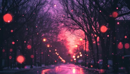 Enchanting Winter Cityscape Snowfall, Bokeh Lights, and Purple Twilight on a Snowy Street