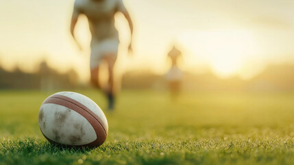 Close-up of a rugby ball on a grassy field, with blurred players running in the background during a vibrant sunset, capturing the essence of the sport