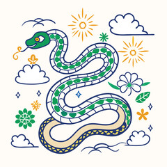 Obraz premium vector cartoon hand drawn illustration of the magic snake and flower