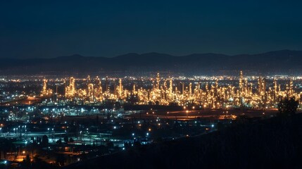 Fototapeta premium A city at night with many lights on. The lights are on in the city and the sky is dark