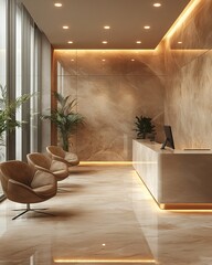 sleek and stylish minimalist office front desk, light neutral tones, glass and metal design