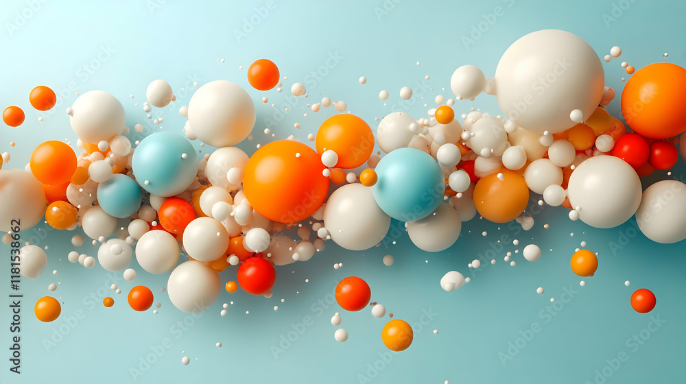 Poster colorful spheres float and interact dynamically with each other